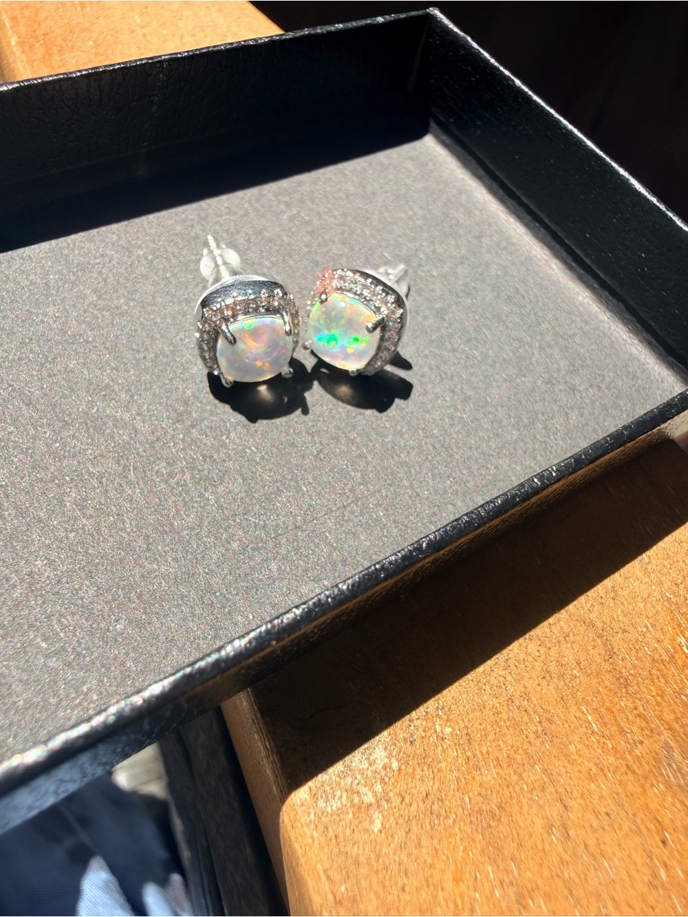 Opal Halo Stud Earrings in White Opal and Silver-Tone - Picture 5 of 5